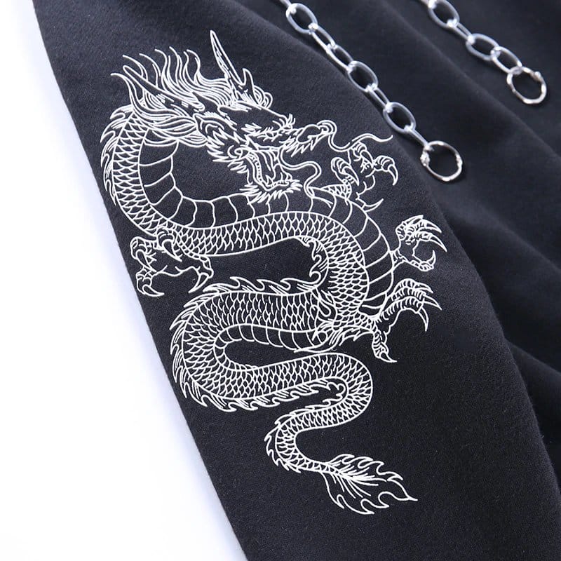 Dragon Print Cropped Hoodie with Metal Chains - Ninja Cosmico
