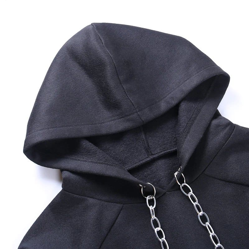 Dragon Print Cropped Hoodie with Metal Chains