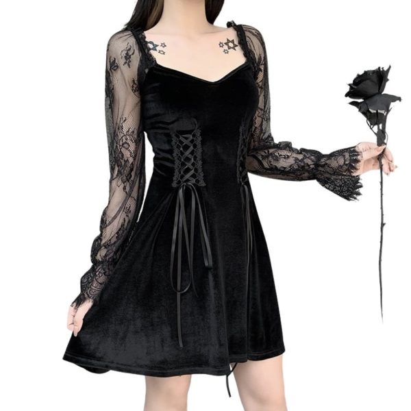 Gothic Dress with Lace Patchwork Sleeves 2