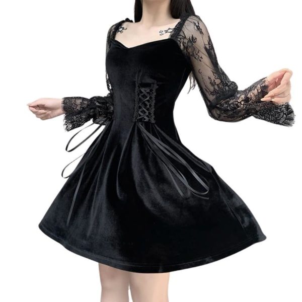 Gothic Dress with Lace Patchwork Sleeves