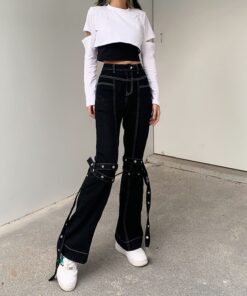 High Waist Cargo Pants with White Stitching