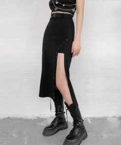 High Waist Side Split Midi Skirt with Buckle Belt