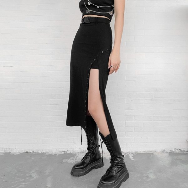 High Waist Side Split Midi Skirt with Buckle Belt