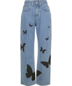 High Waist Loose Trousers with Black Butterflies Full