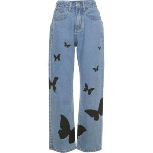 High Waist Loose Trousers with Black Butterflies Full