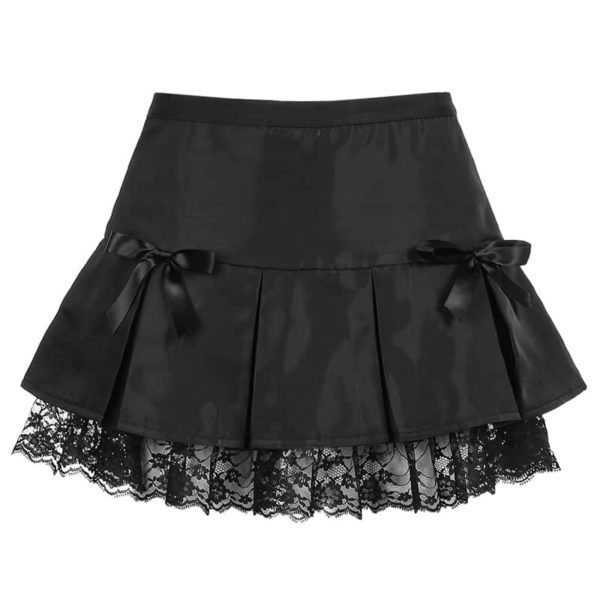 High Waist Pleated Lace Mini Skirt with Bows Full