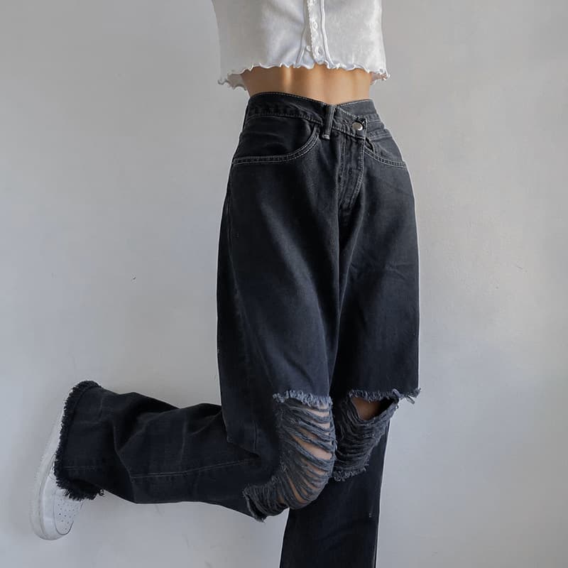 Wide Leg Black Jeans with Ripped Knees - Ninja Cosmico