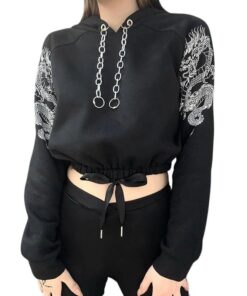 Dragon Print Cropped Hoodie with Metal Chains