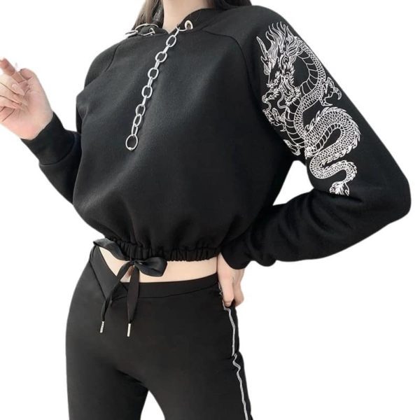 Dragon Print Cropped Hoodie with Metal Chains 3