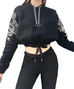 Dragon Print Cropped Hoodie with Metal Chains 5