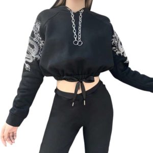 Dragon Print Cropped Hoodie with Metal Chains 5