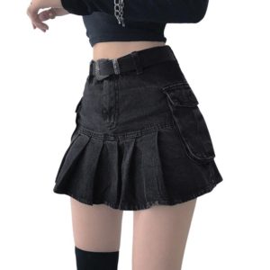 High Waist Denim Pleated Mini Skirt 2