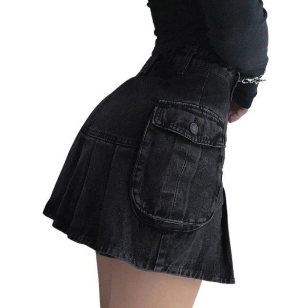 High Waist Denim Pleated Mini Skirt 4