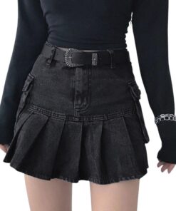 High Waist Denim Pleated Mini Skirt 5