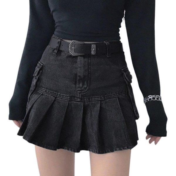 High Waist Denim Pleated Mini Skirt 5