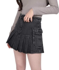 High Waist Denim Pleated Mini Skirt Dark Grey 01