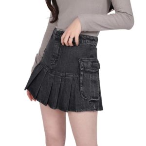 High Waist Denim Pleated Mini Skirt Dark Grey 01