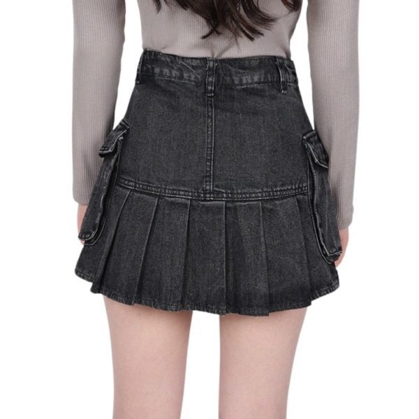 High Waist Denim Pleated Mini Skirt Dark Grey 03