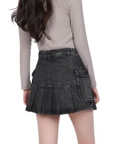 High Waist Denim Pleated Mini Skirt Dark Grey 04