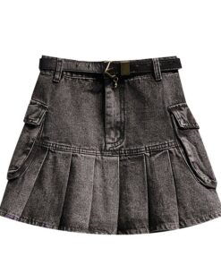 High Waist Denim Pleated Mini Skirt Dark Grey