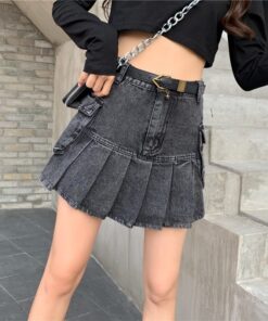 High Waist Denim Pleated Mini Skirt Dark Grey 3