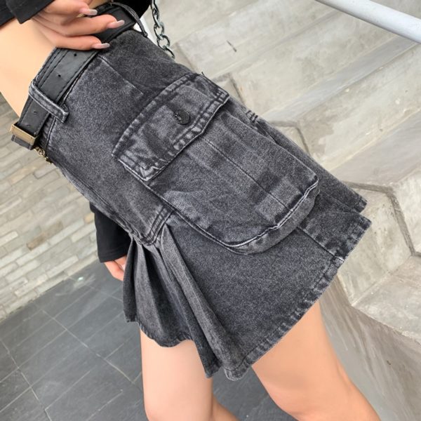 High Waist Denim Pleated Mini Skirt Dark Grey 6