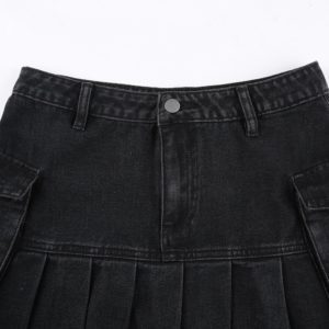 High Waist Denim Pleated Mini Skirt Details