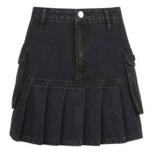 High Waist Denim Pleated Mini Skirt Full