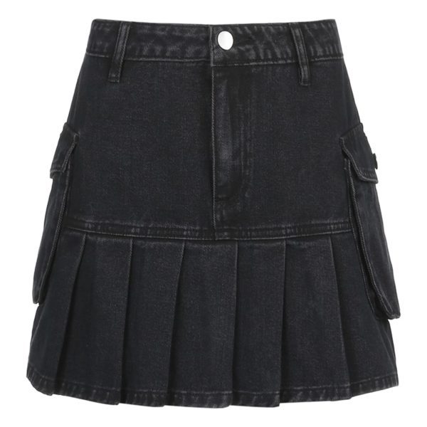 High Waist Denim Pleated Mini Skirt Full