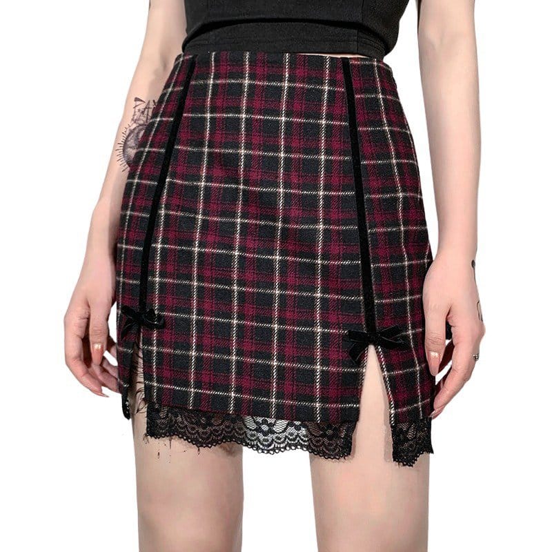 Lace-Trim Burgundy Plaid Mini Skirt - Ninja Cosmico