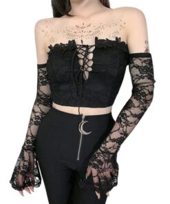 Lace-up Off-Shoulder Crop Top with Lace Sleeves