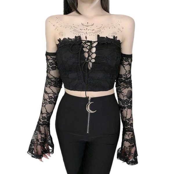 Lace-up Off-Shoulder Crop Top with Lace Sleeves