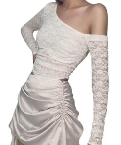 One Shoulder Floral Lace Crop Top White