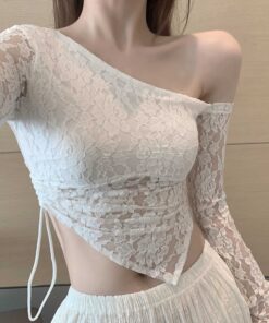 One Shoulder Floral Lace Crop Top White 4