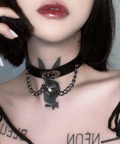 Vegan Leather Choker with Heart Pendant Chains 2