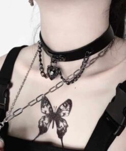 Vegan Leather Choker with Heart Pendant Chains 3