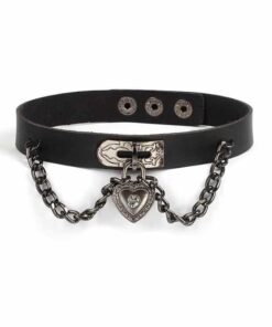 Vegan Leather Choker with Heart Pendant Chains Full