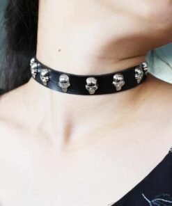 Vegan Leather Silver Skulls Choker Necklace 2