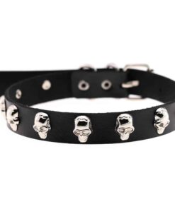 Vegan Leather Silver Skulls Choker Necklace