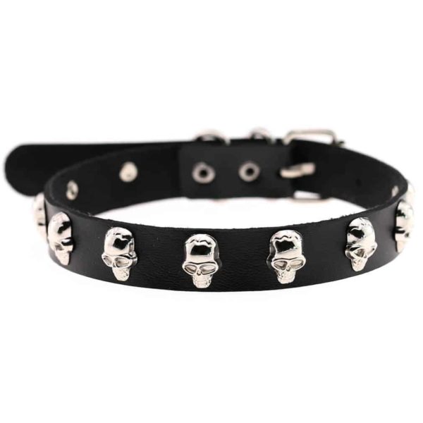 Vegan Leather Silver Skulls Choker Necklace Full