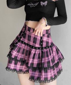 Purple Plaid Lace Trim Mini Skirt