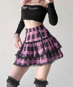 Purple Plaid Lace Trim Mini Skirt 3