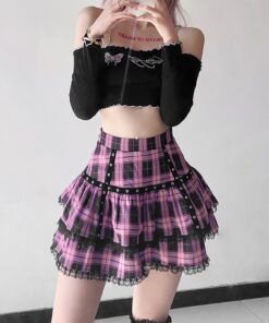 Purple Plaid Lace Trim Mini Skirt 4