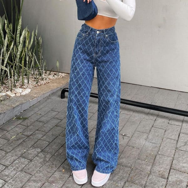 Baggy Jeans with Plaid White Stitches 2