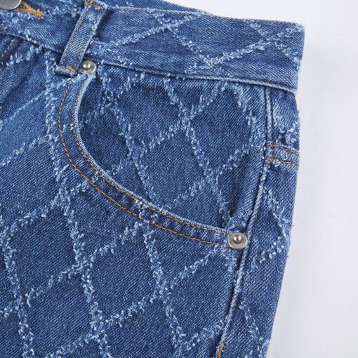 Baggy Jeans with Plaid White Stitches Details 2