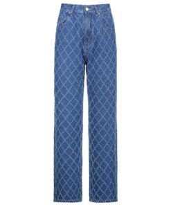 Baggy Jeans with Plaid White Stitches Full Front