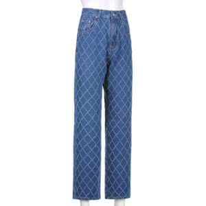 Baggy Jeans with Plaid White Stitches Side Full