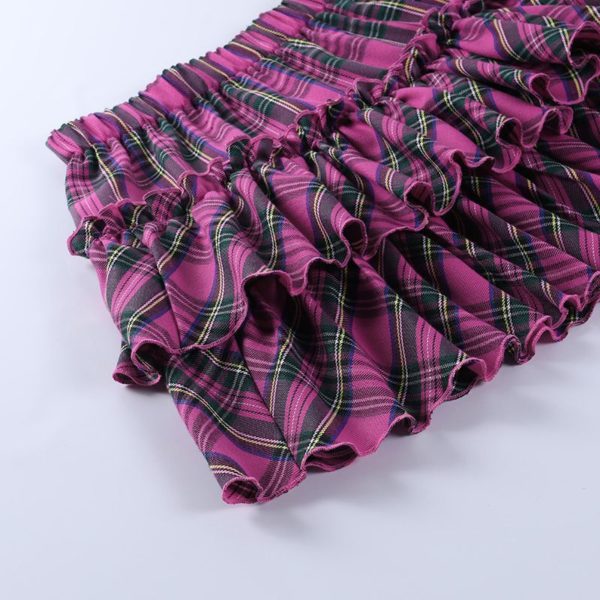 Pink Pleated Plaid Mini Skirt Details 3