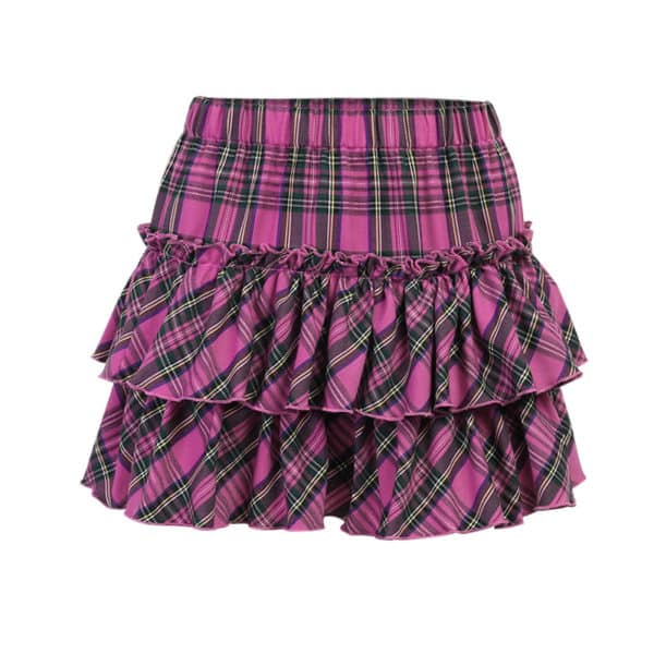 Pink Pleated Plaid Mini Skirt Full