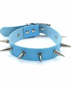 Vegan Leather Choker Collar with Long Metal Spikes Blue